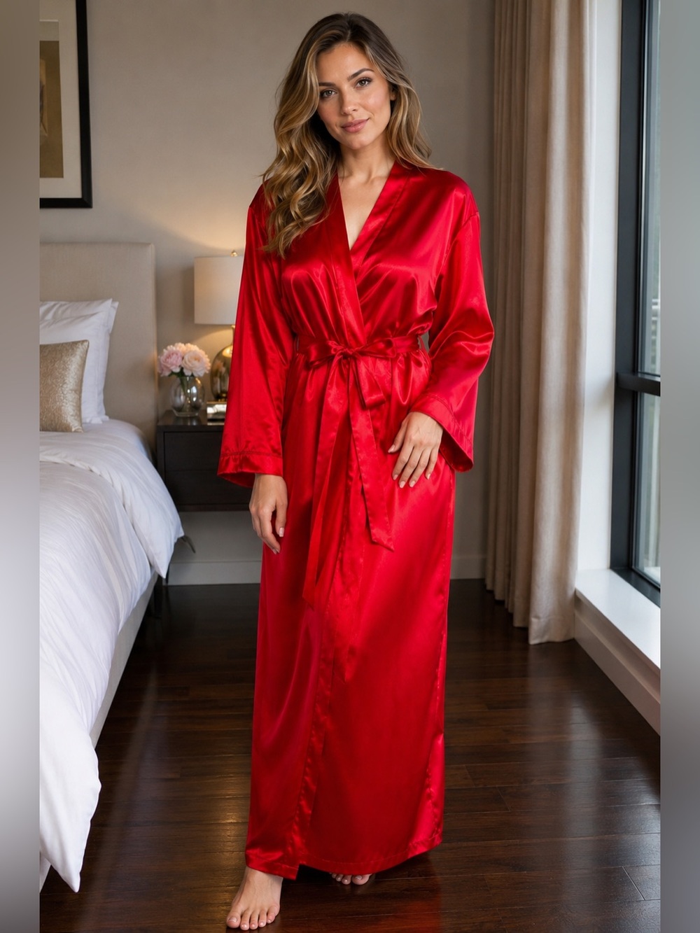Vintage Oscar de la Renta Red Satin Robe – Luxury Lounge Robe | One Size
